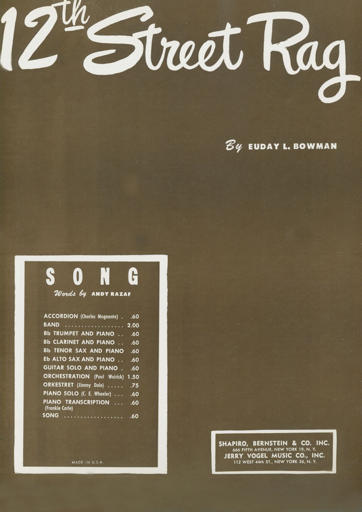 12th Street Rag: performed by Louis Armstrong and many other artists, Ragtime Standard, Single Songbook